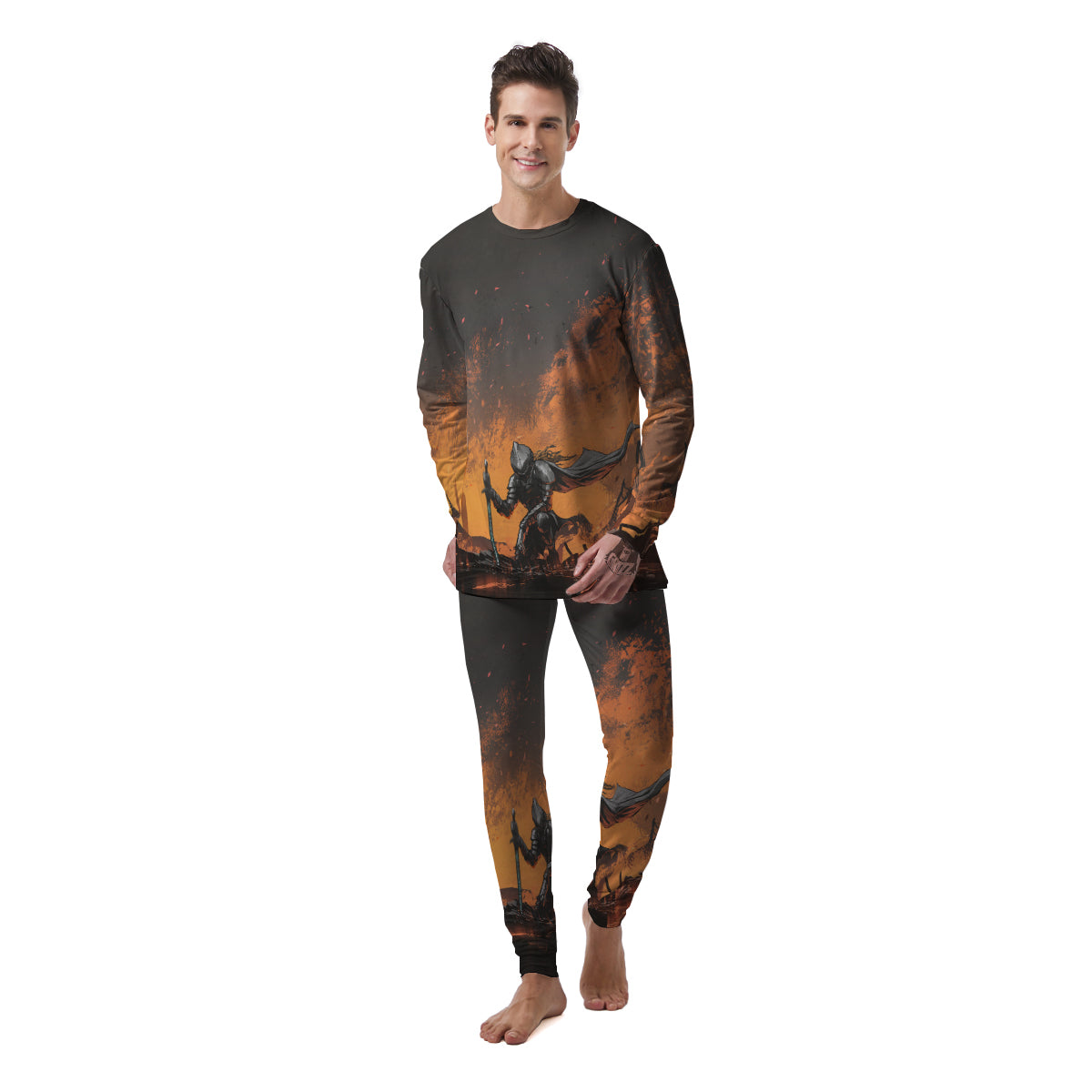 Fantasy Knight On Fire Print Men's Pajamas-grizzshop