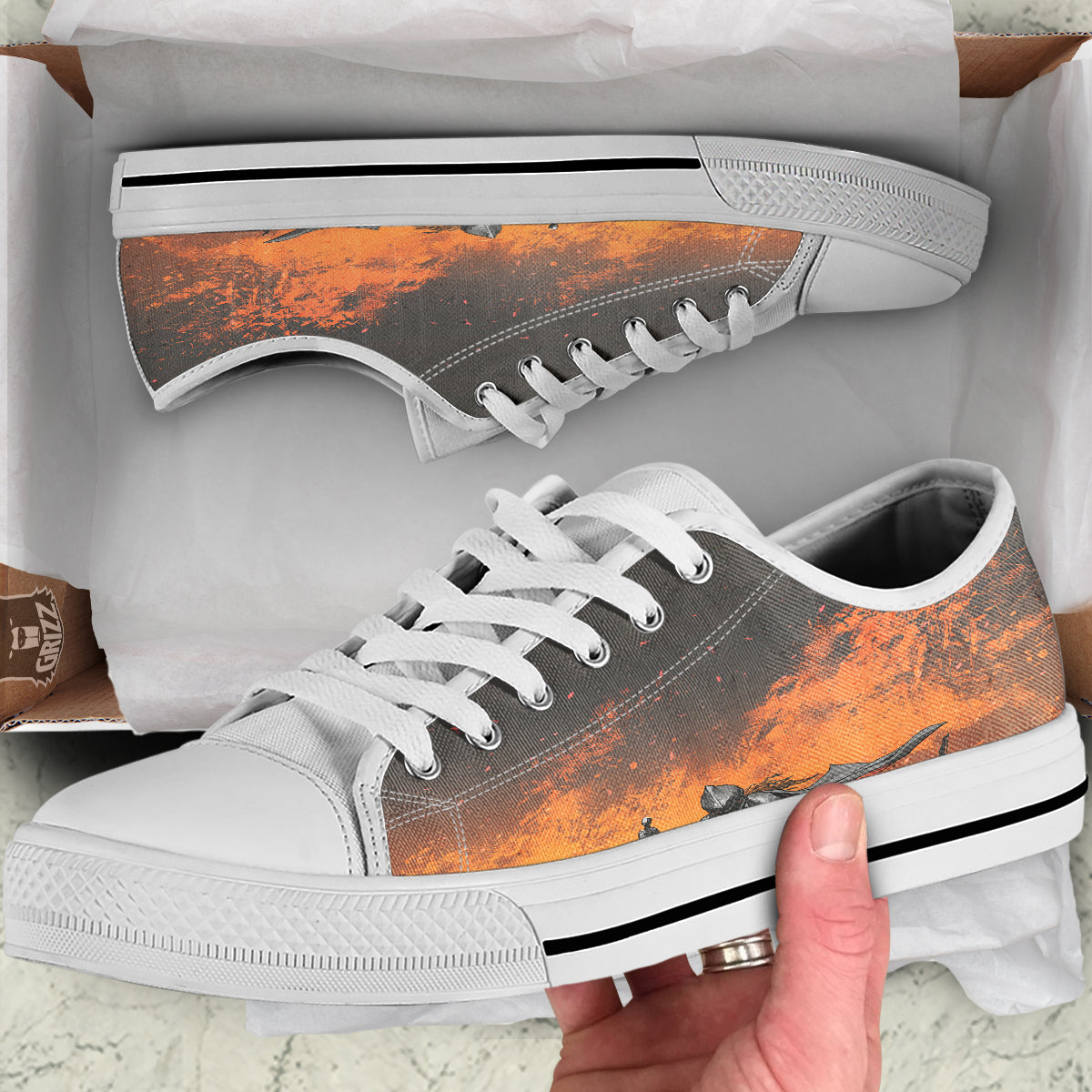 Fantasy Knight On Fire Print White Low Top Shoes-grizzshop