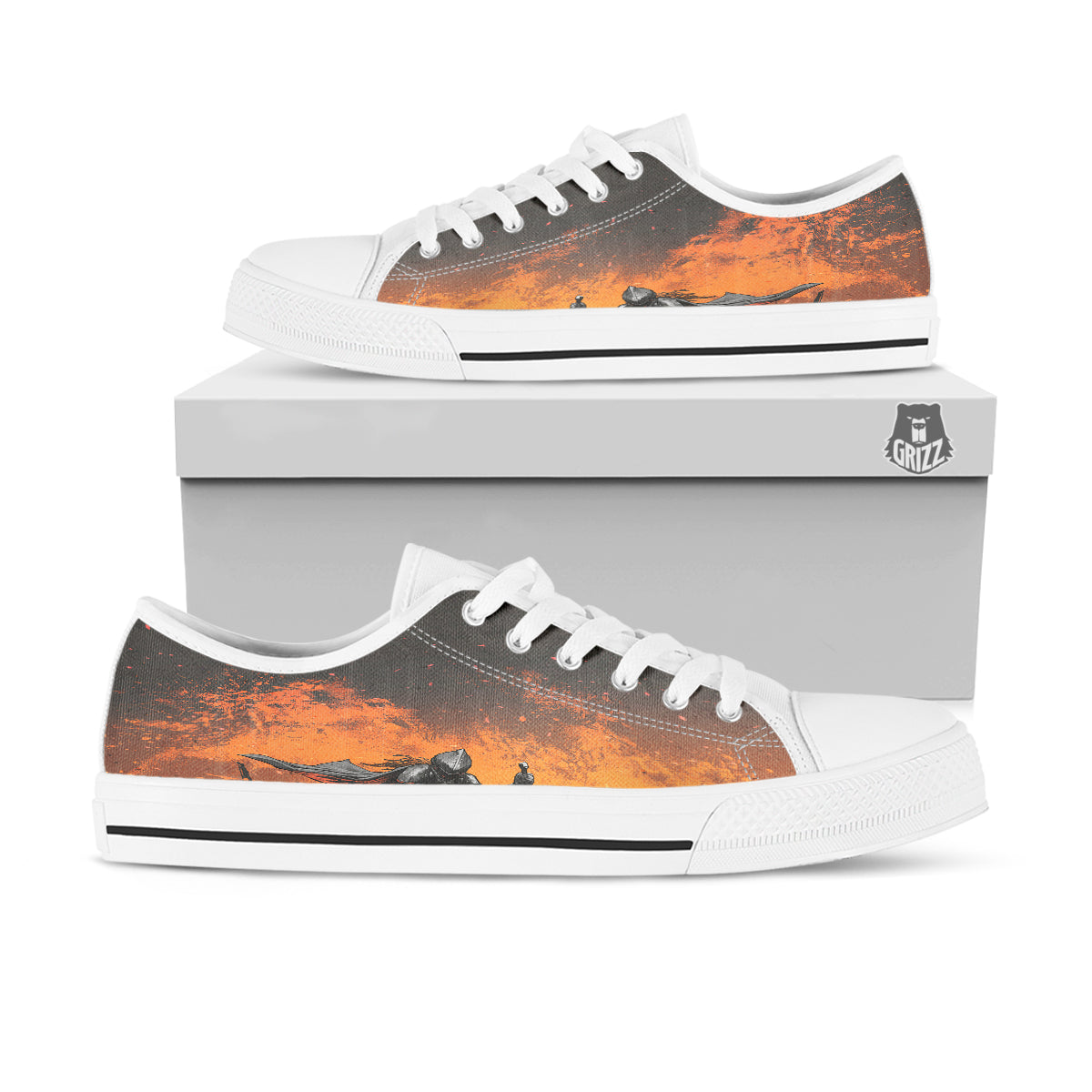 Fantasy Knight On Fire Print White Low Top Shoes-grizzshop