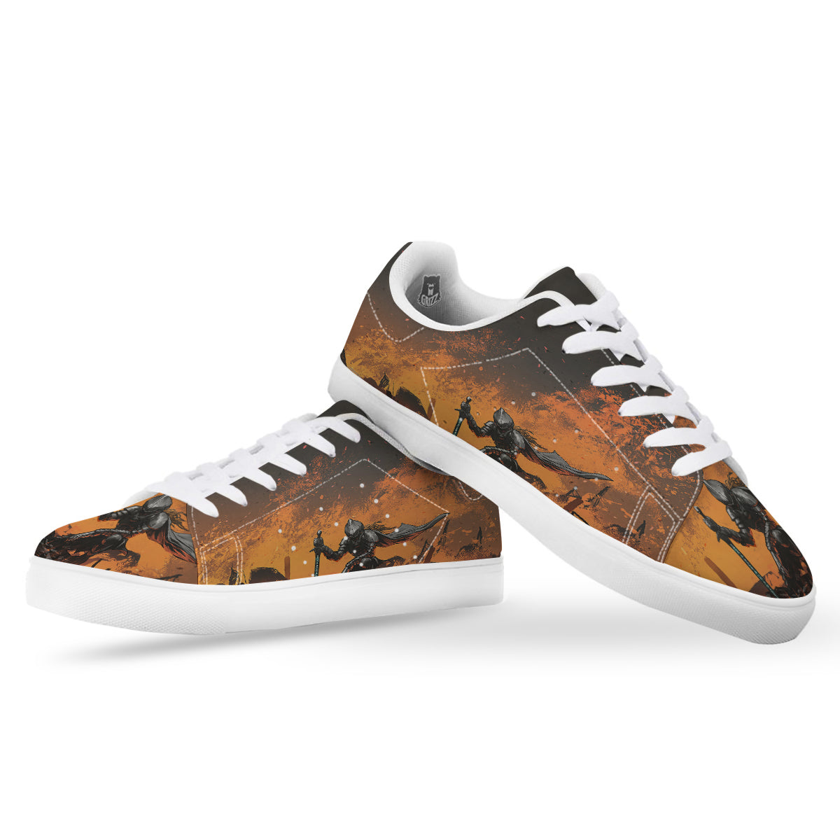 Fantasy Knight On Fire Print White Low Top Sneakers-grizzshop