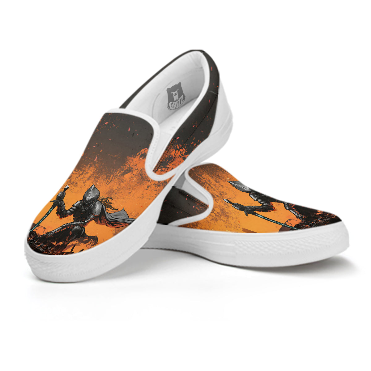 Fantasy Knight On Fire Print White Slip On Shoes-grizzshop