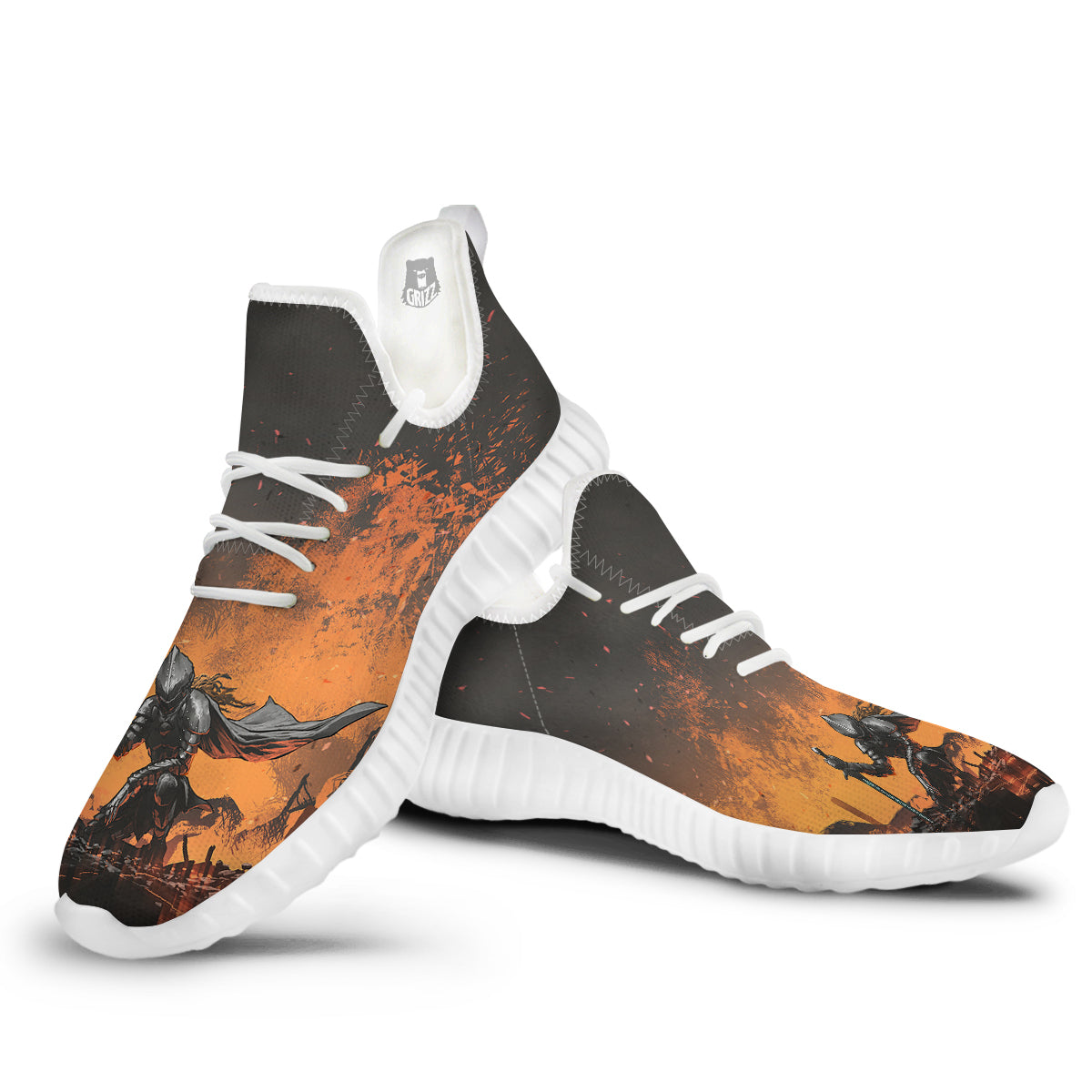 Fantasy Knight On Fire Print White Walking Shoes-grizzshop