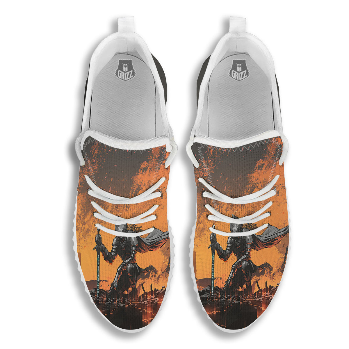 Fantasy Knight On Fire Print White Walking Shoes-grizzshop