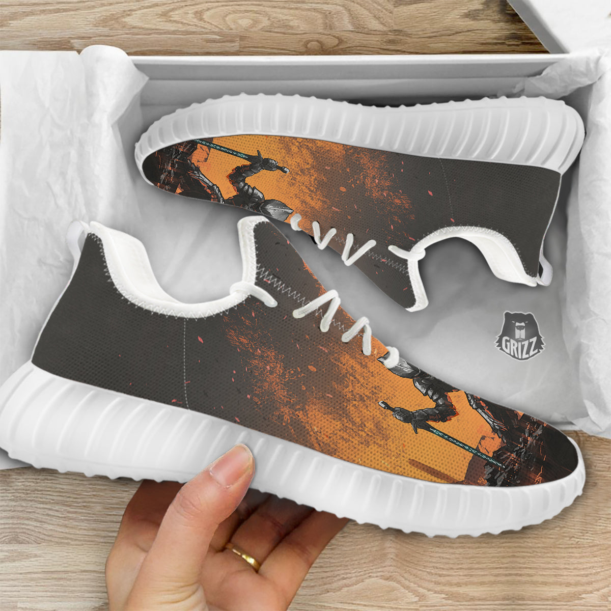 Fantasy Knight On Fire Print White Walking Shoes-grizzshop