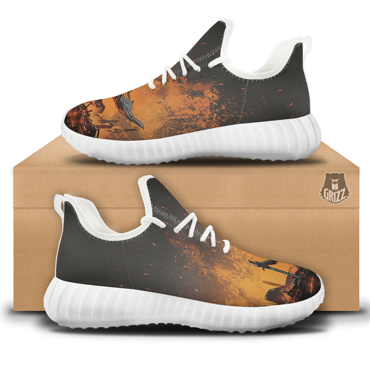 Fantasy Knight On Fire Print White Walking Shoes-grizzshop