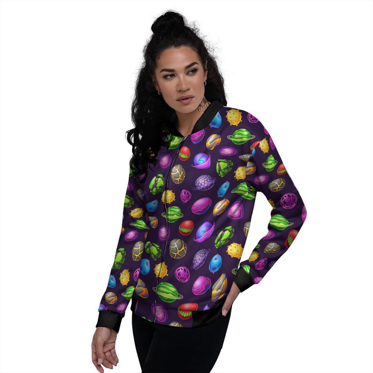 Fantasy Planets In Space Universe Print Pattern Women's Bomber Jacket-grizzshop