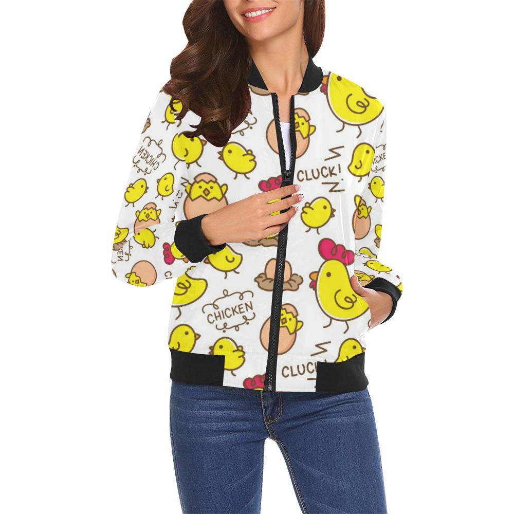 Farm Chicken Hen Chick Pattern Print Women Casual Bomber Jacket-grizzshop