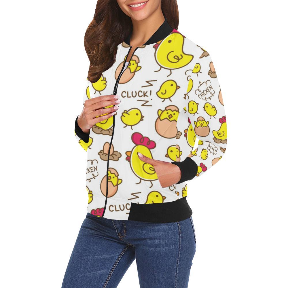 Farm Chicken Hen Chick Pattern Print Women Casual Bomber Jacket-grizzshop