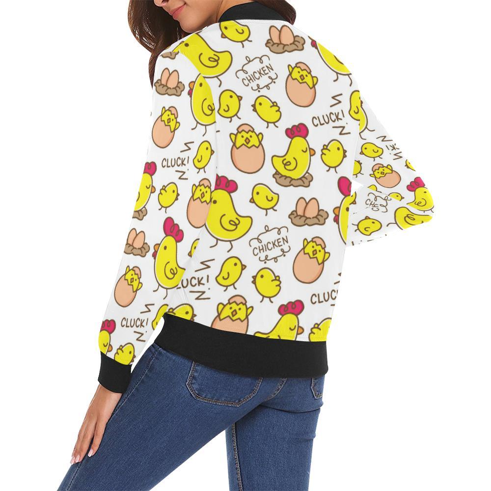 Farm Chicken Hen Chick Pattern Print Women Casual Bomber Jacket-grizzshop