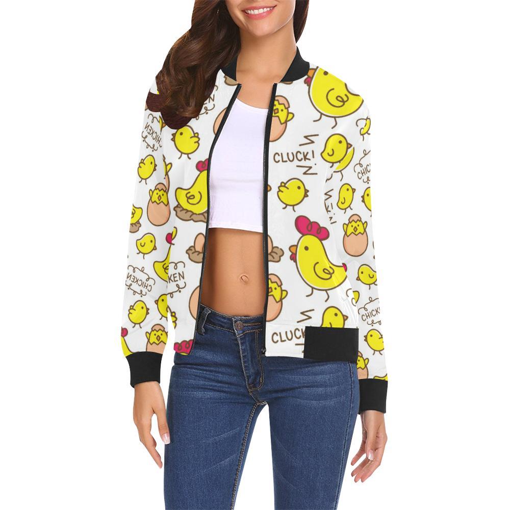 Farm Chicken Hen Chick Pattern Print Women Casual Bomber Jacket-grizzshop