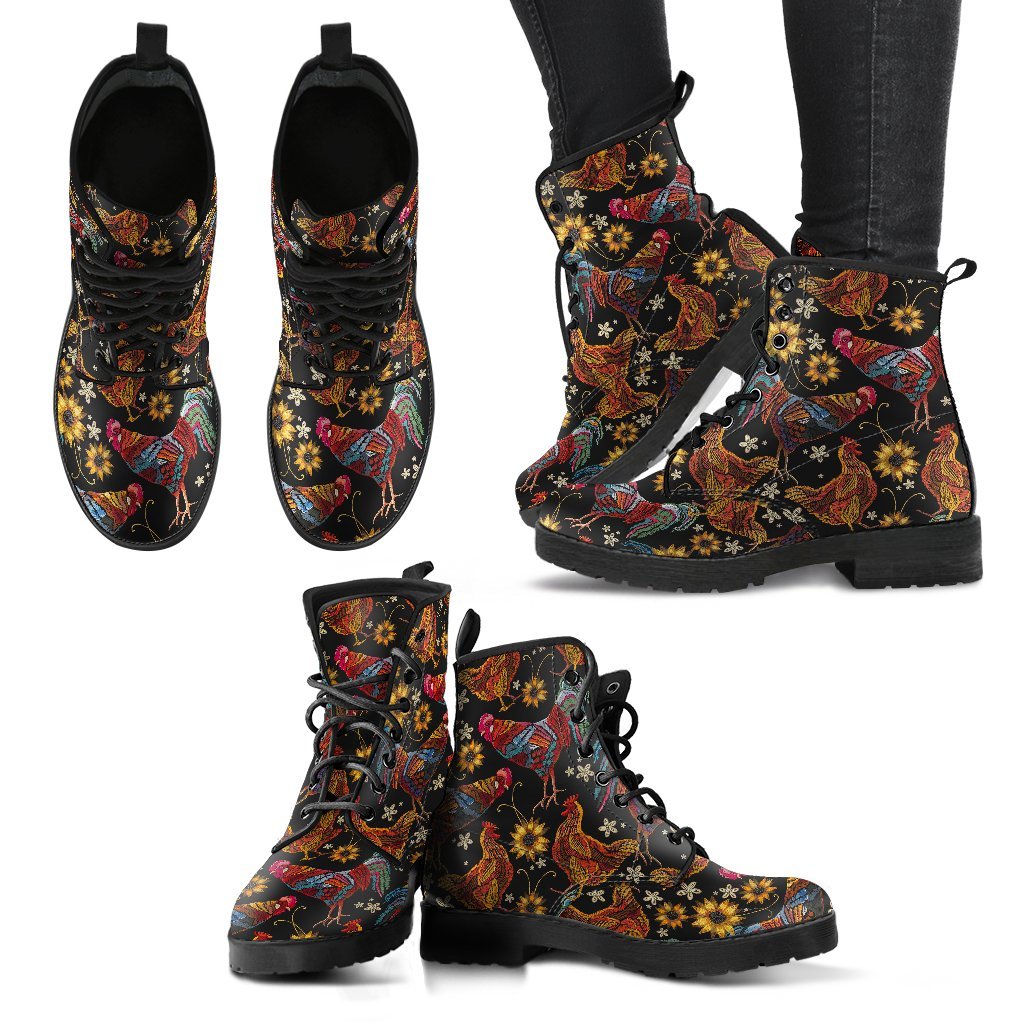 Farm Chicken Hen Flower Pattern Print Men Women Leather Boots-grizzshop