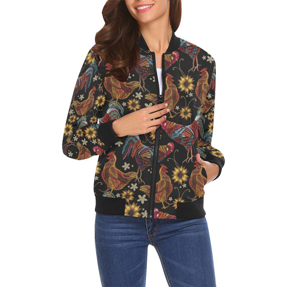 Farm Chicken Hen Flower Pattern Print Women Casual Bomber Jacket-grizzshop
