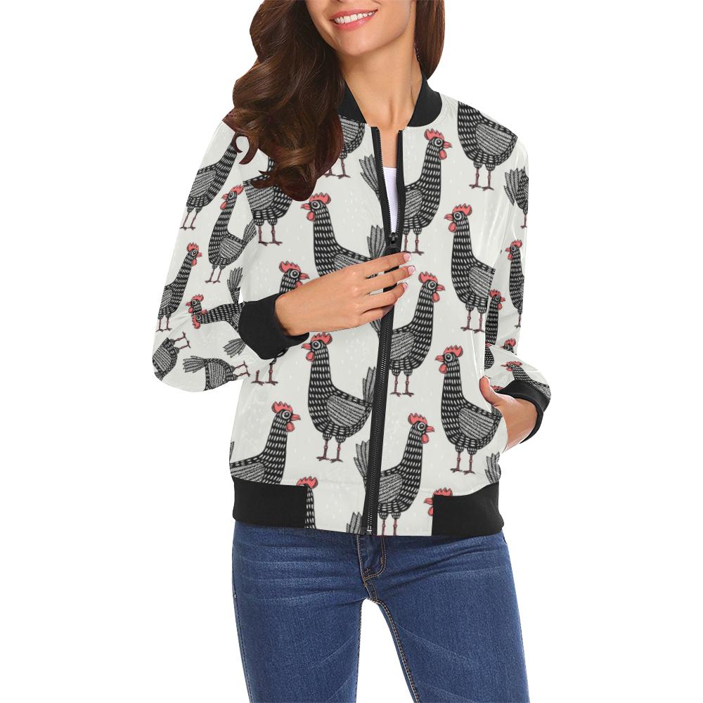 Farm Chicken Pattern Print Women Casual Bomber Jacket-grizzshop