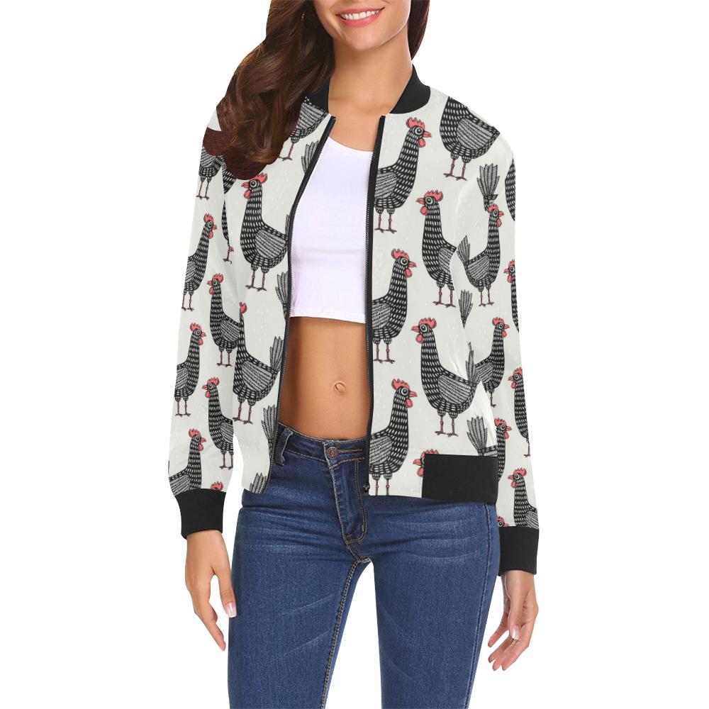 Farm Chicken Pattern Print Women Casual Bomber Jacket-grizzshop