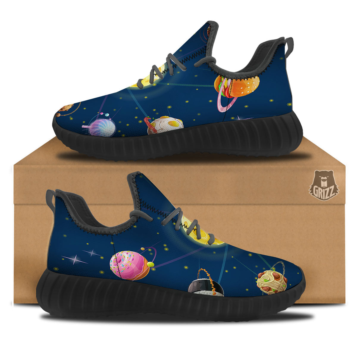 Fast Food Planets Set Print Black Walking Shoes-grizzshop