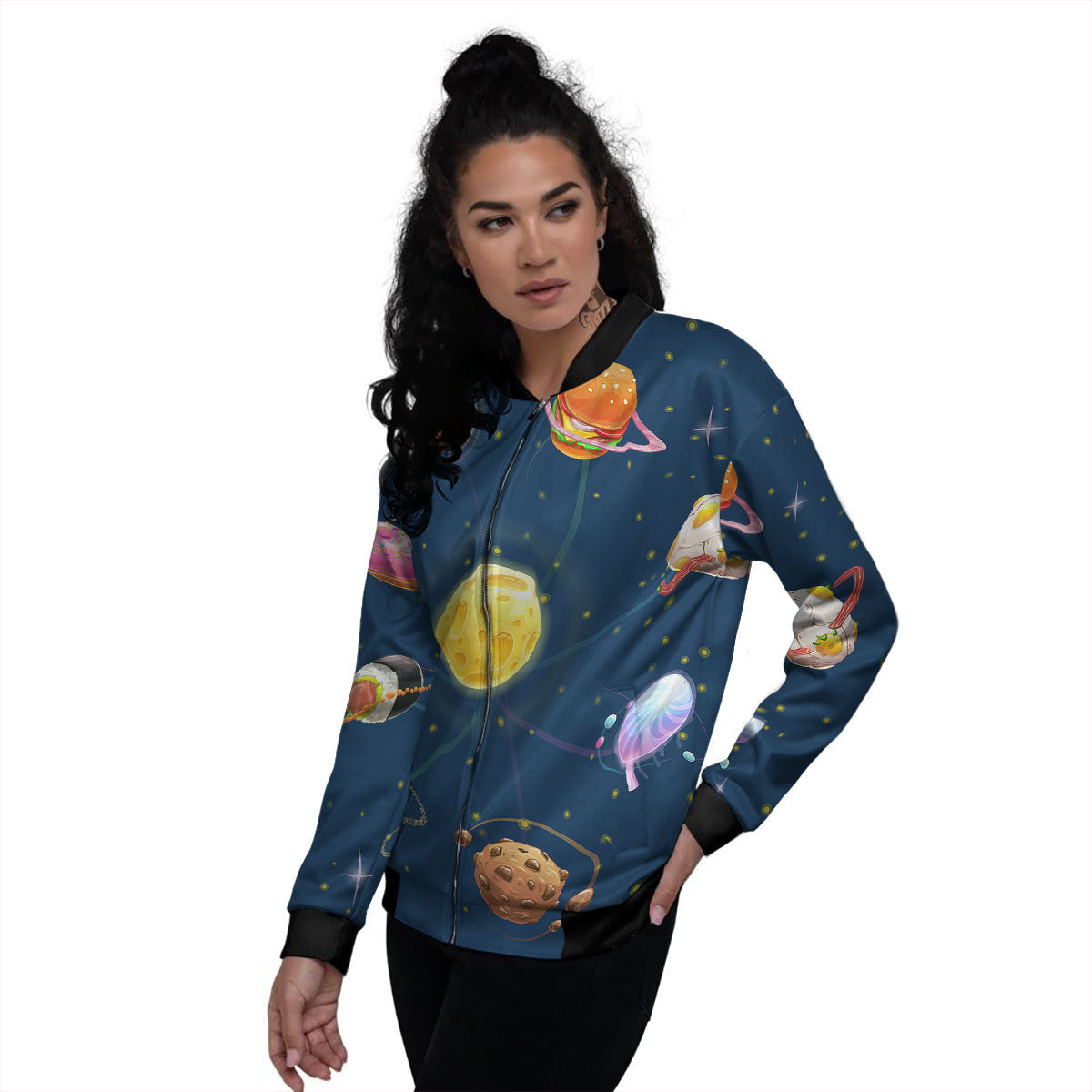 Fast Food Planets Set Print Women's Bomber Jacket-grizzshop