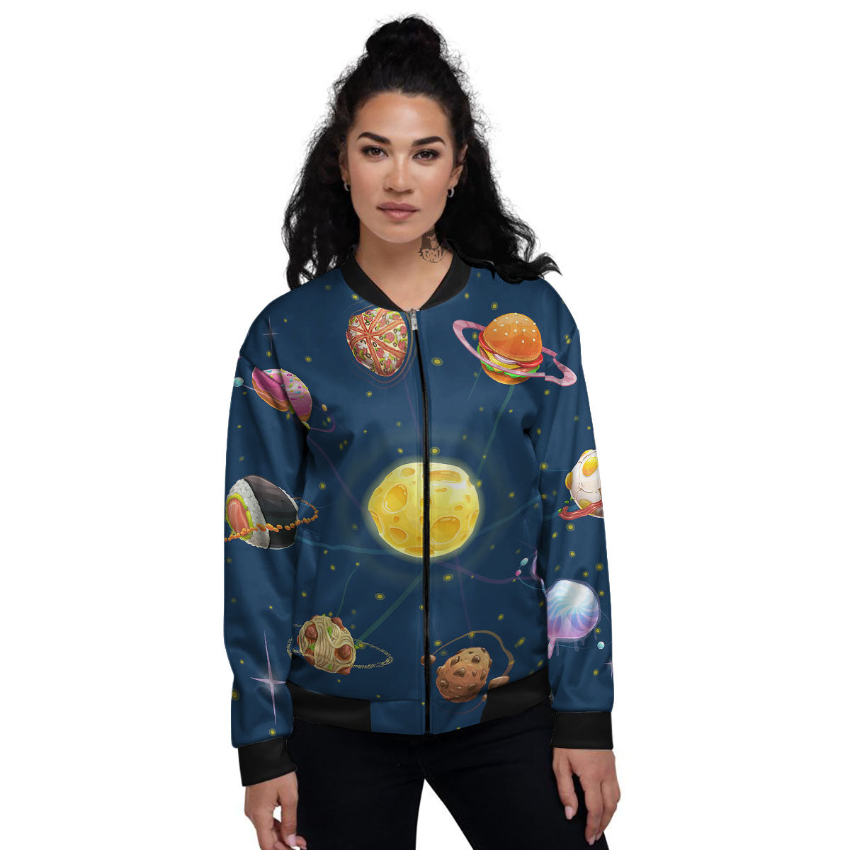 Fast Food Planets Set Print Women's Bomber Jacket-grizzshop