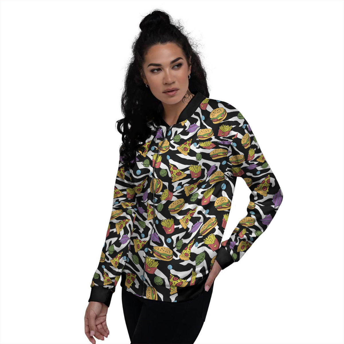 Fastfood Cute Zebra Print Pattern Women's Bomber Jacket-grizzshop
