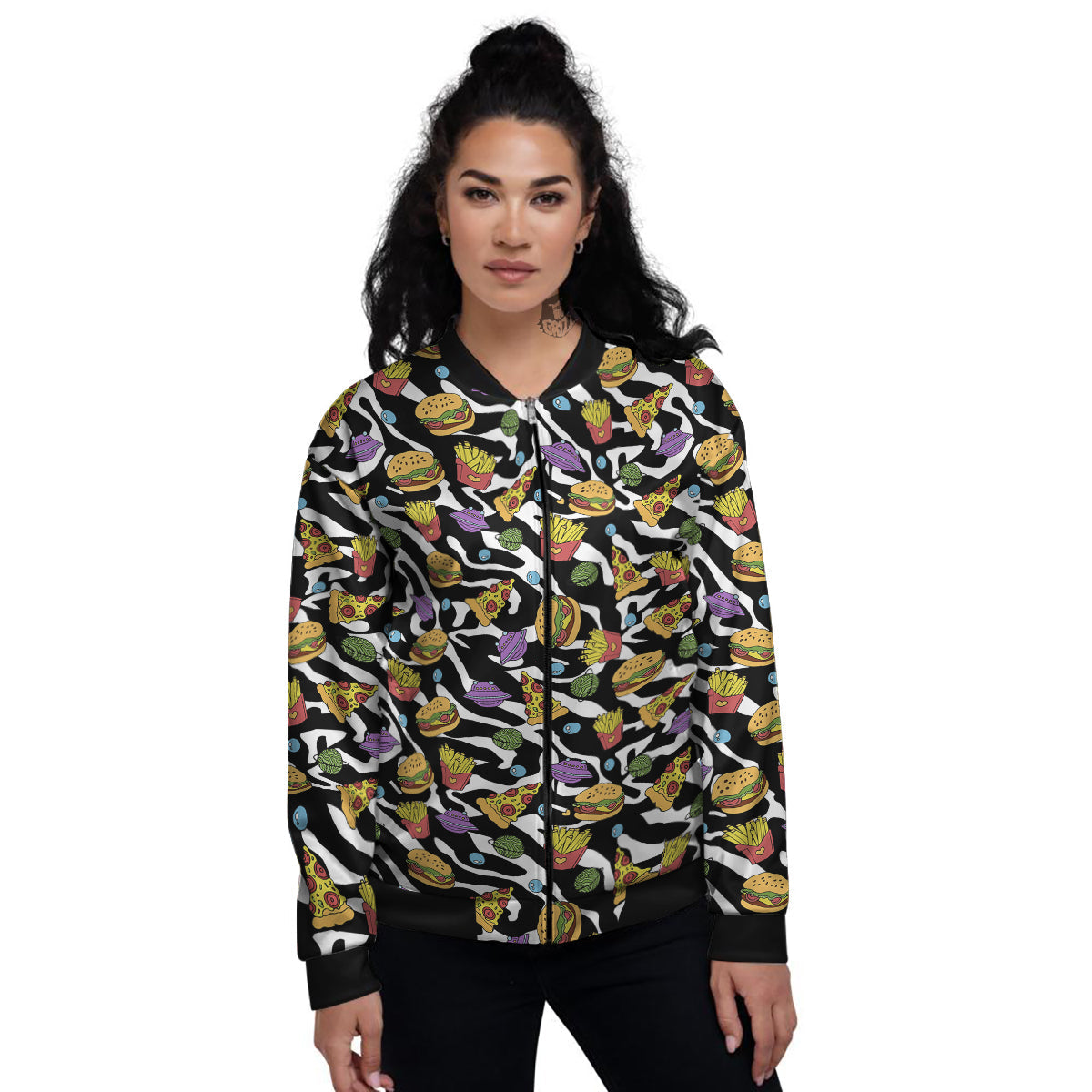Fastfood Cute Zebra Print Pattern Women's Bomber Jacket-grizzshop