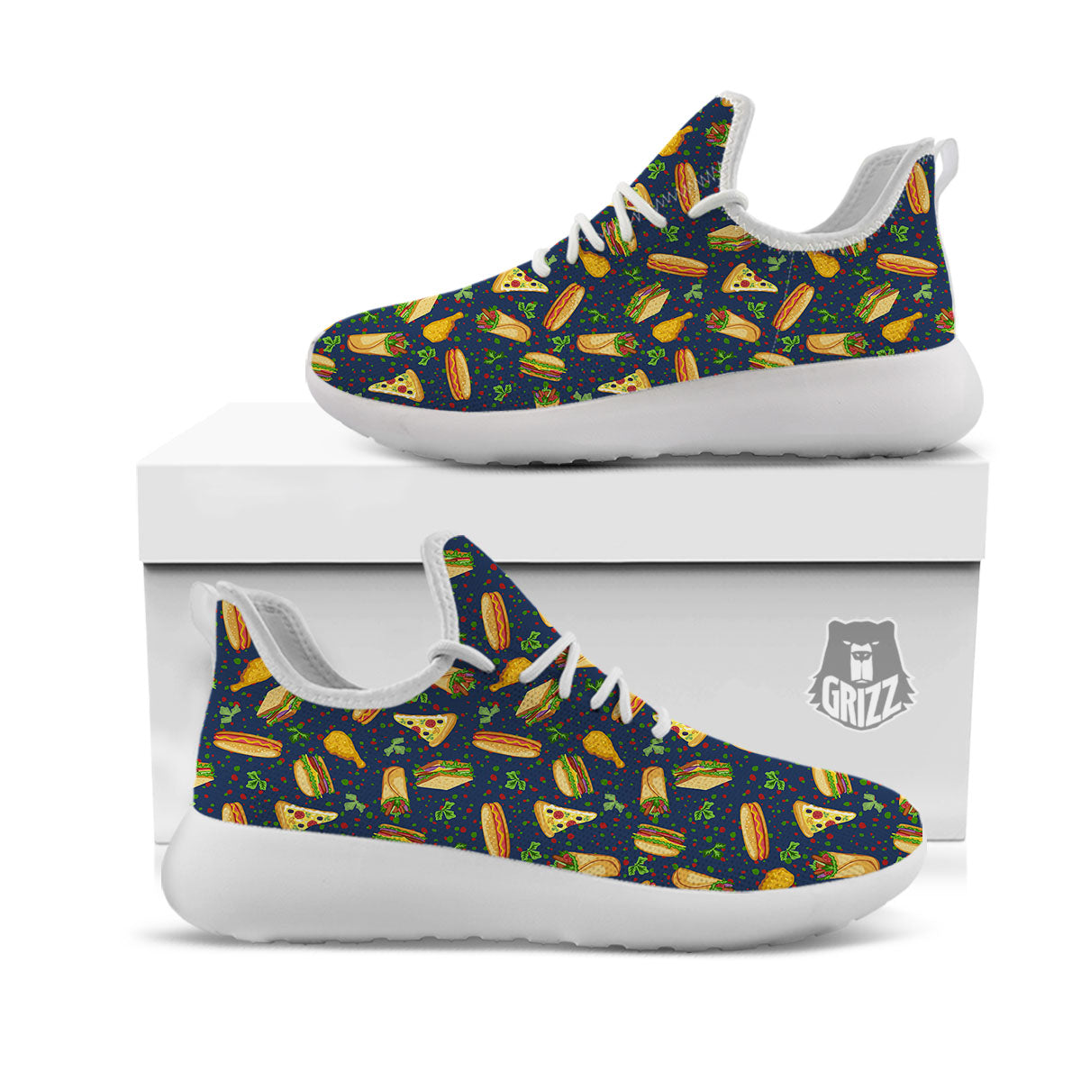 Fastfood Navy Doodle Print Pattern White Athletic Shoes-grizzshop