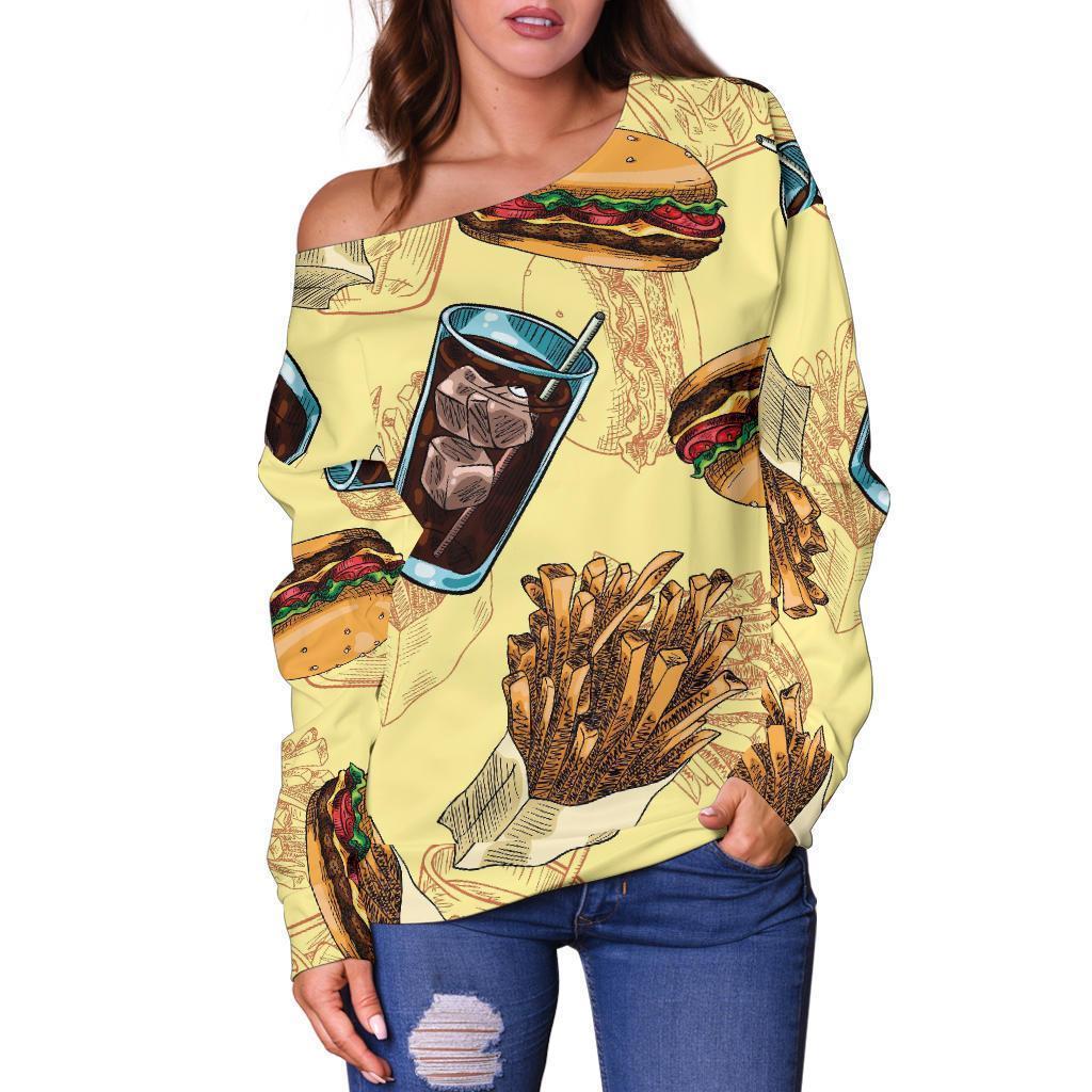 Fastfood Pattern Print Women Off Shoulder Sweatshirt-grizzshop