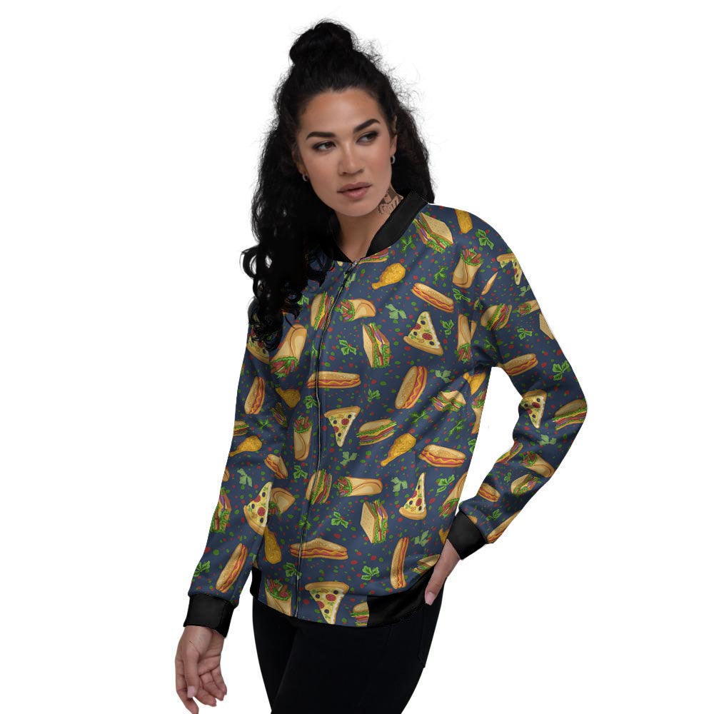 Fastfood Navy Doodle Print Pattern Women's Bomber Jacket-grizzshop