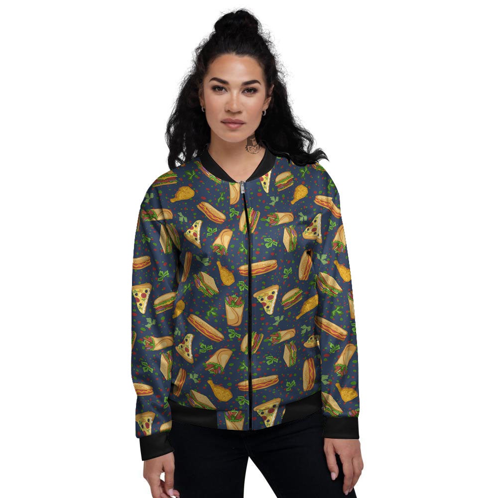 Fastfood Navy Doodle Print Pattern Women's Bomber Jacket-grizzshop