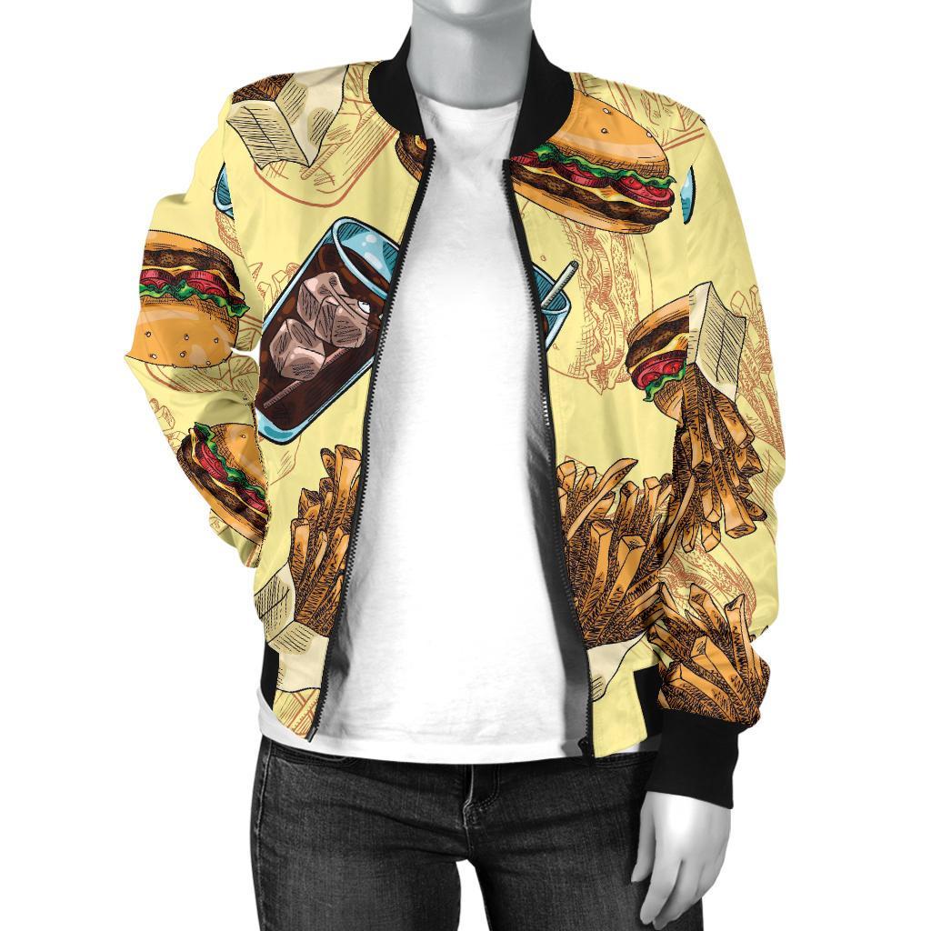 Fastfood Pattern Print Women Casual Bomber Jacket-grizzshop