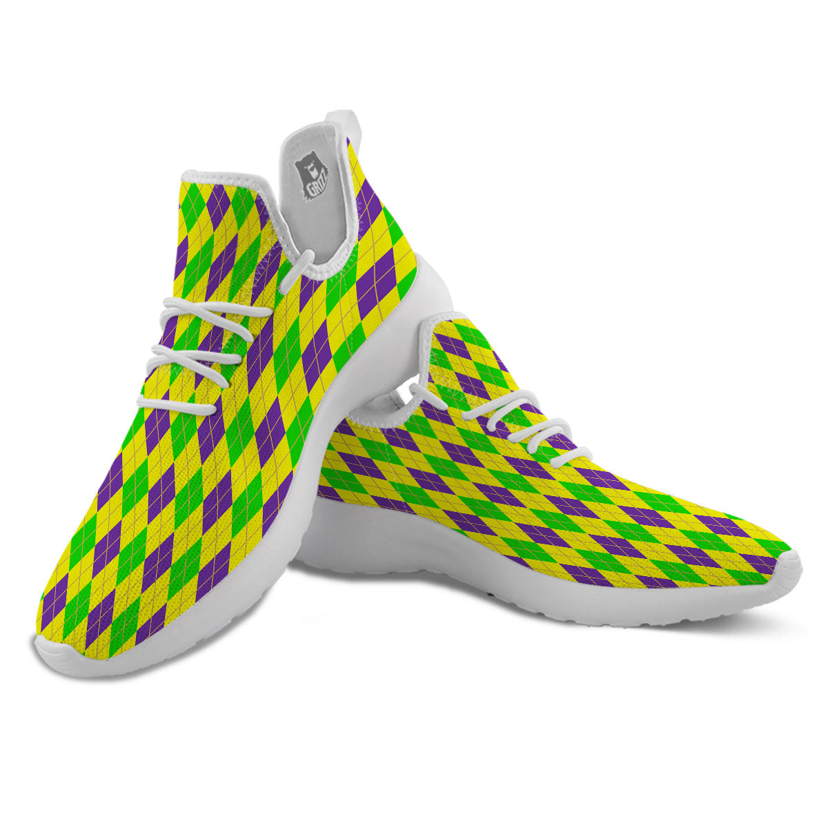 Fat Tuesday Argyle Mardi Gras Print White Athletic Shoes-grizzshop