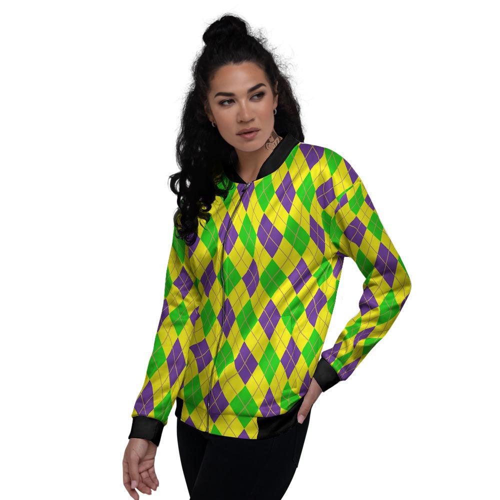 Fat Tuesday Argyle Mardi Gras Print Women's Bomber Jacket-grizzshop