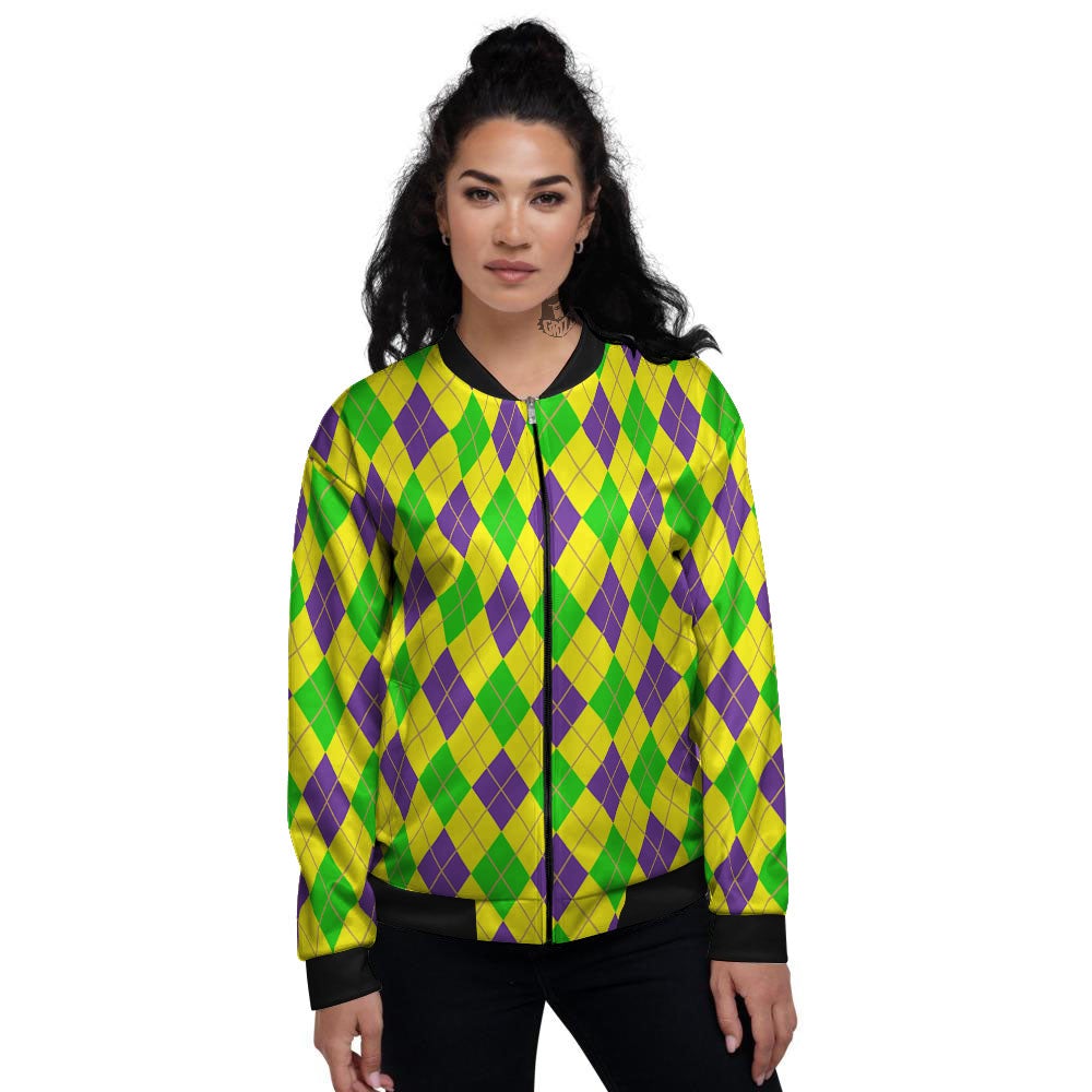 Fat Tuesday Argyle Mardi Gras Print Women's Bomber Jacket-grizzshop