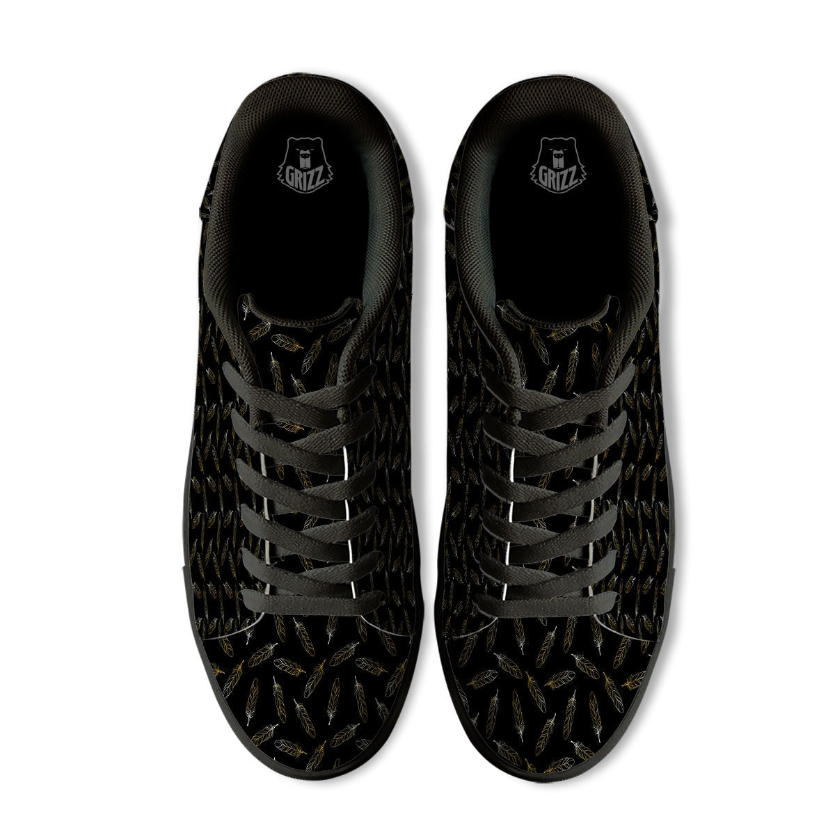 Feather Black And Gold Print Pattern Black Low Top Sneakers-grizzshop