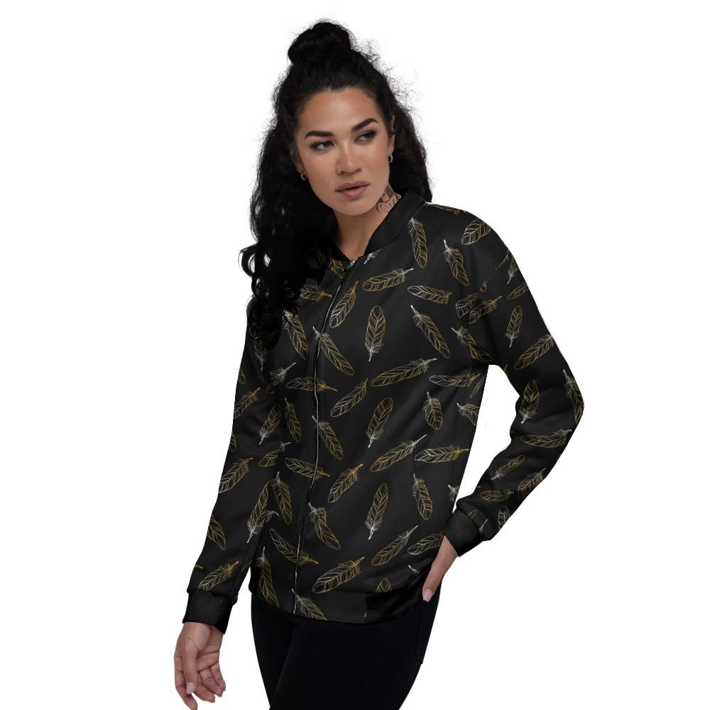 Feather Black And Gold Print Pattern Women's Bomber Jacket-grizzshop