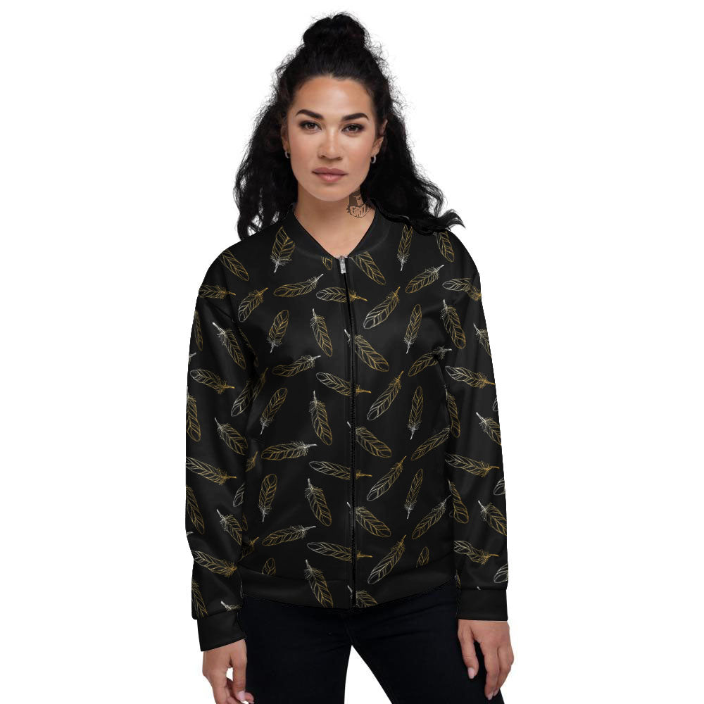 Feather Black And Gold Print Pattern Women's Bomber Jacket-grizzshop