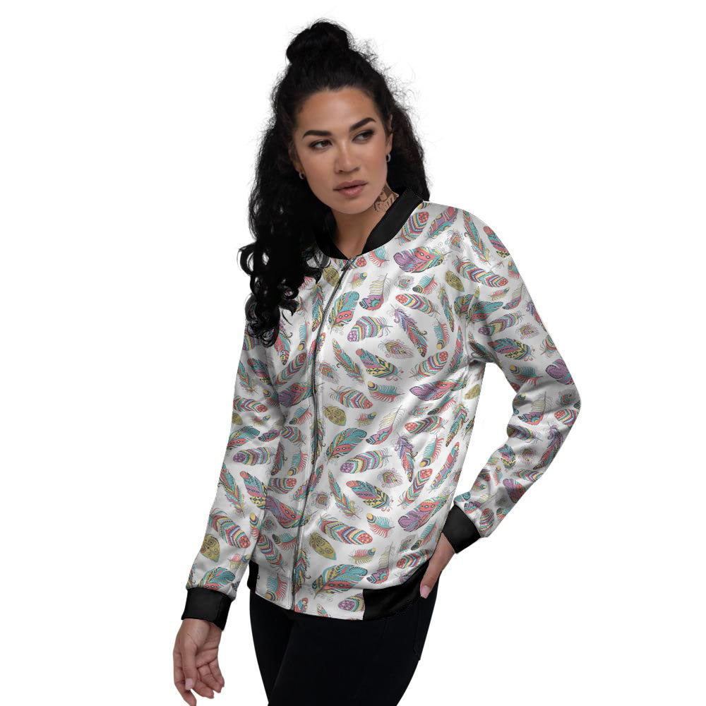 Feather Bohemian Print Pattern Women's Bomber Jacket-grizzshop