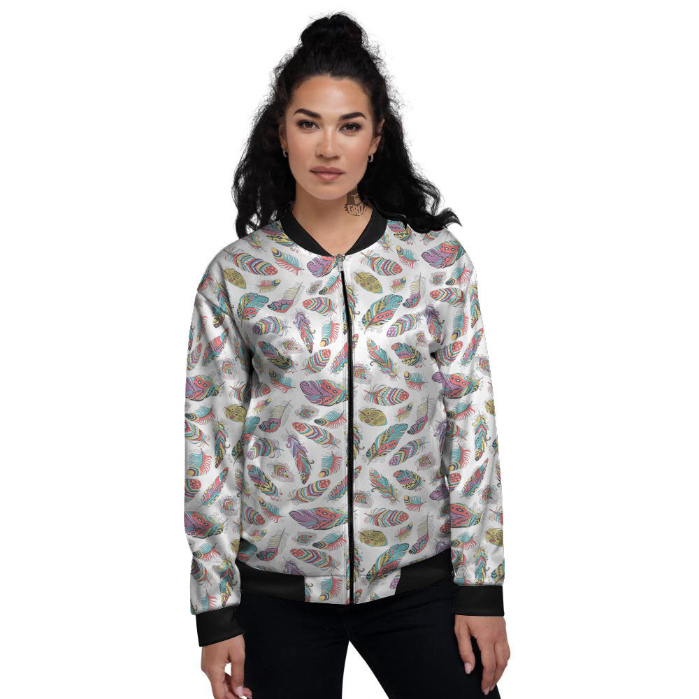 Feather Bohemian Print Pattern Women's Bomber Jacket-grizzshop