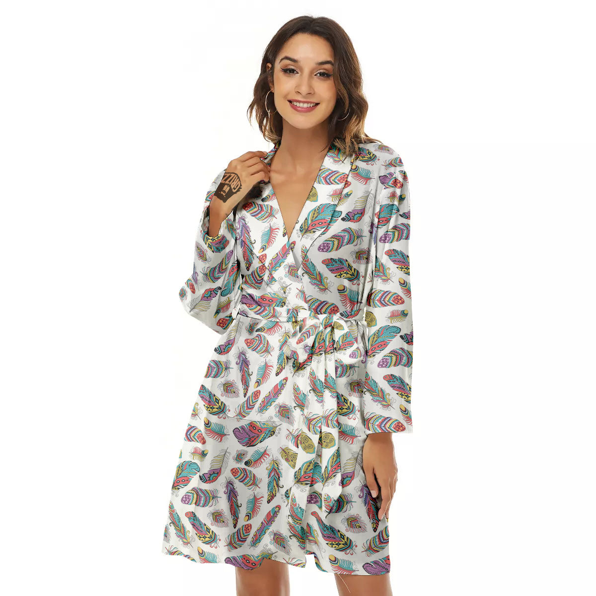 Feather Bohemian Print Pattern Women's Robe-grizzshop