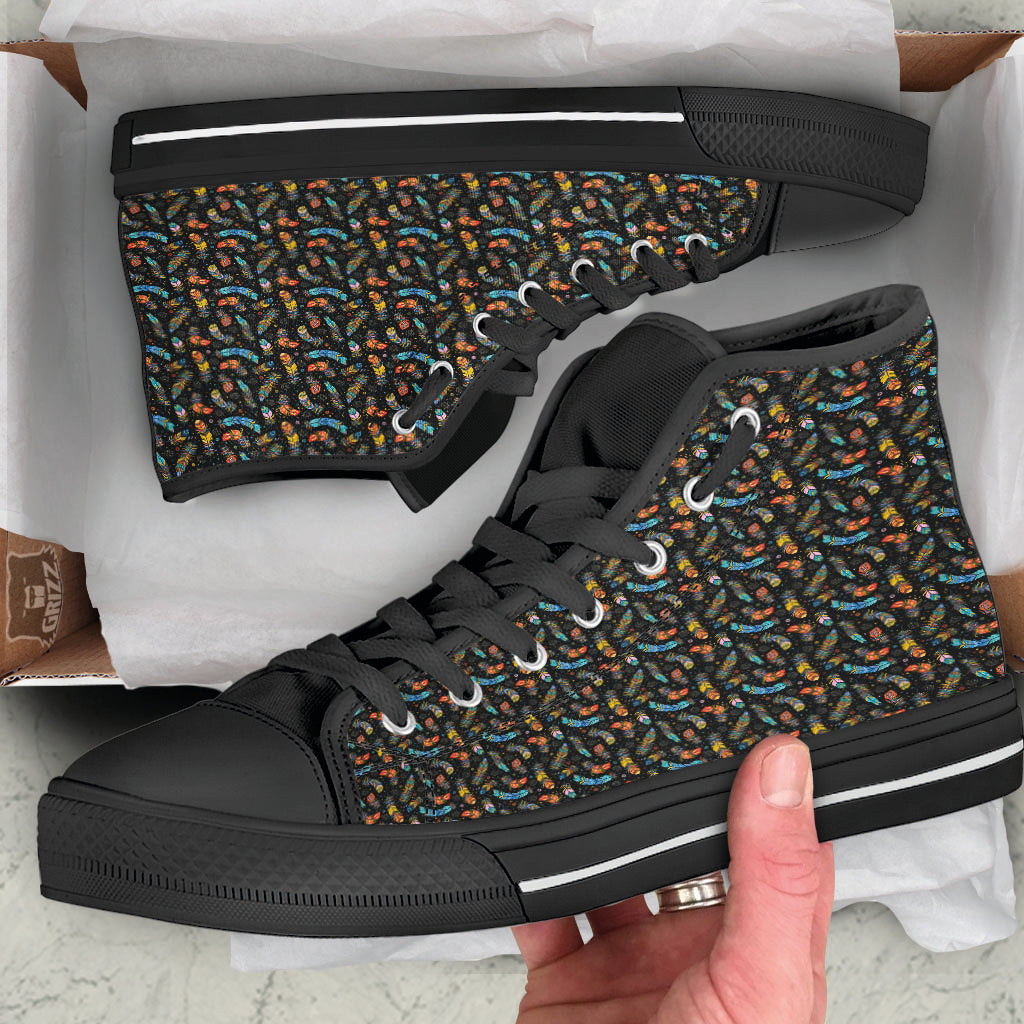 Feather Boho Print Pattern Black High Top Shoes-grizzshop