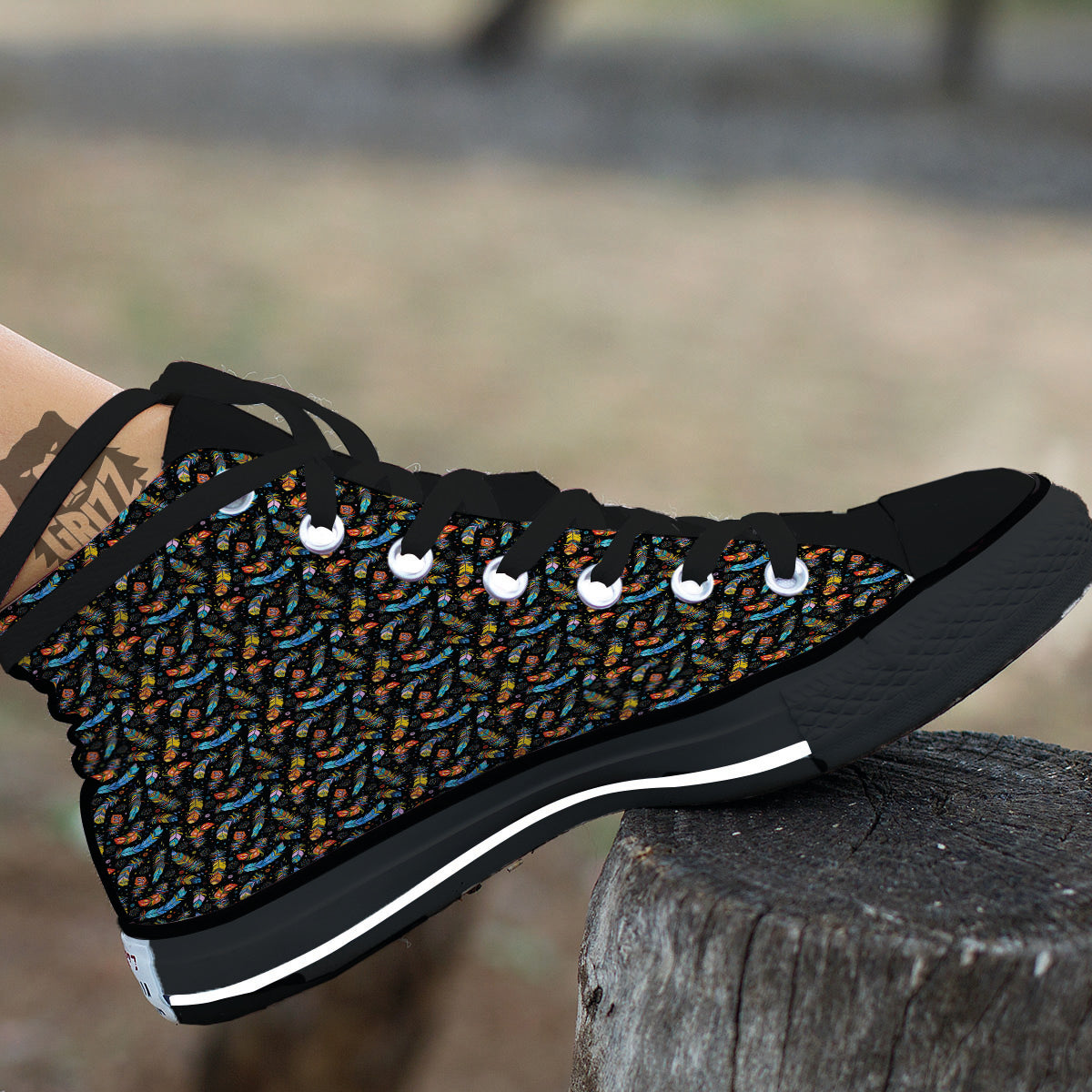 Feather Boho Print Pattern Black High Top Shoes-grizzshop