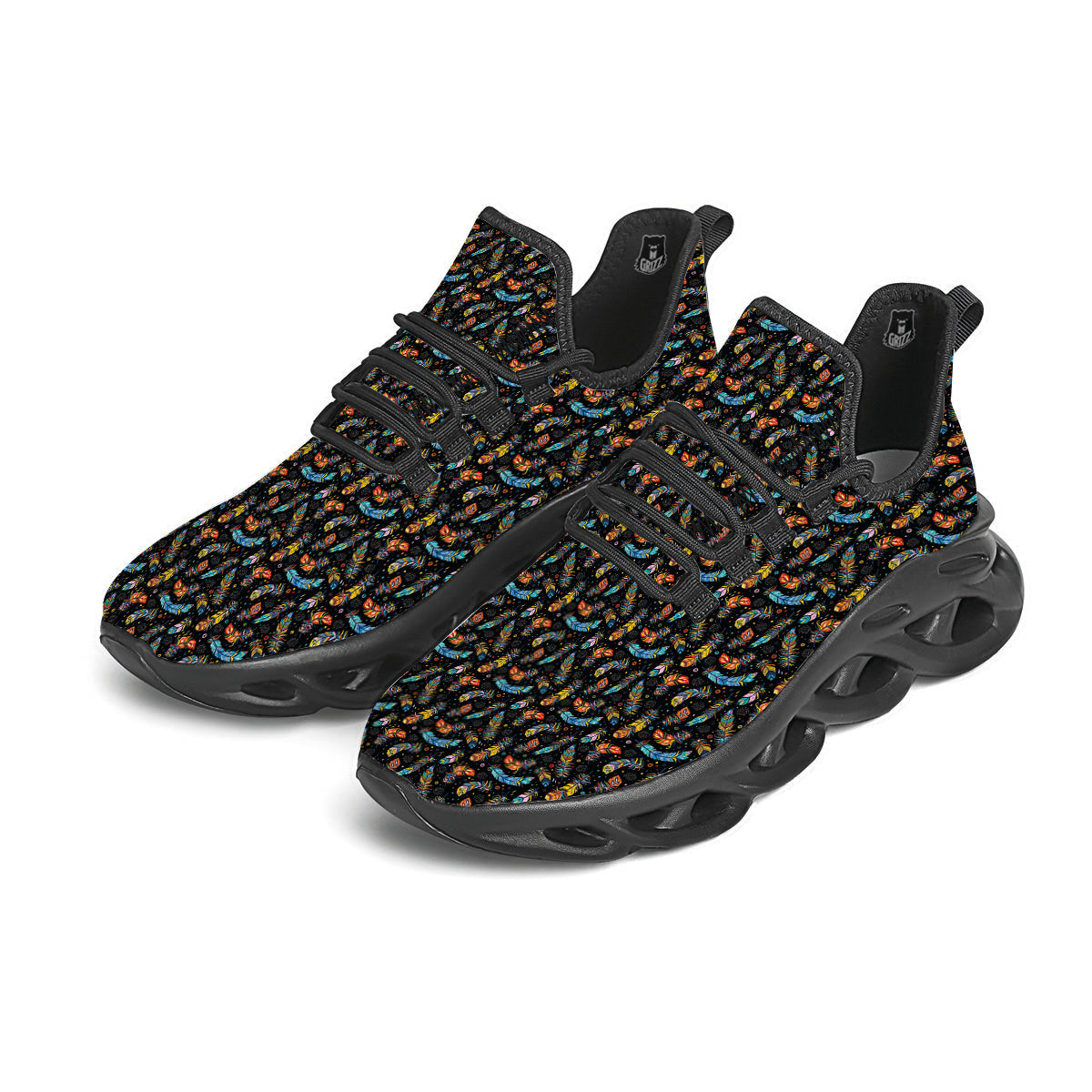 Feather Boho Print Pattern Black Running Shoes-grizzshop