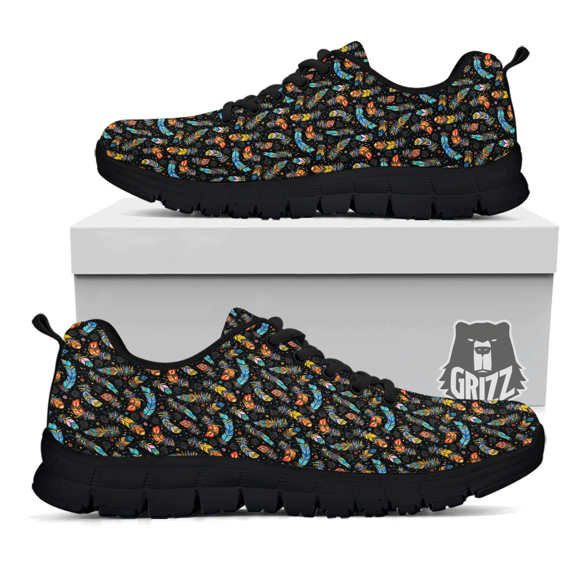 Feather Boho Print Pattern Black Sneaker-grizzshop