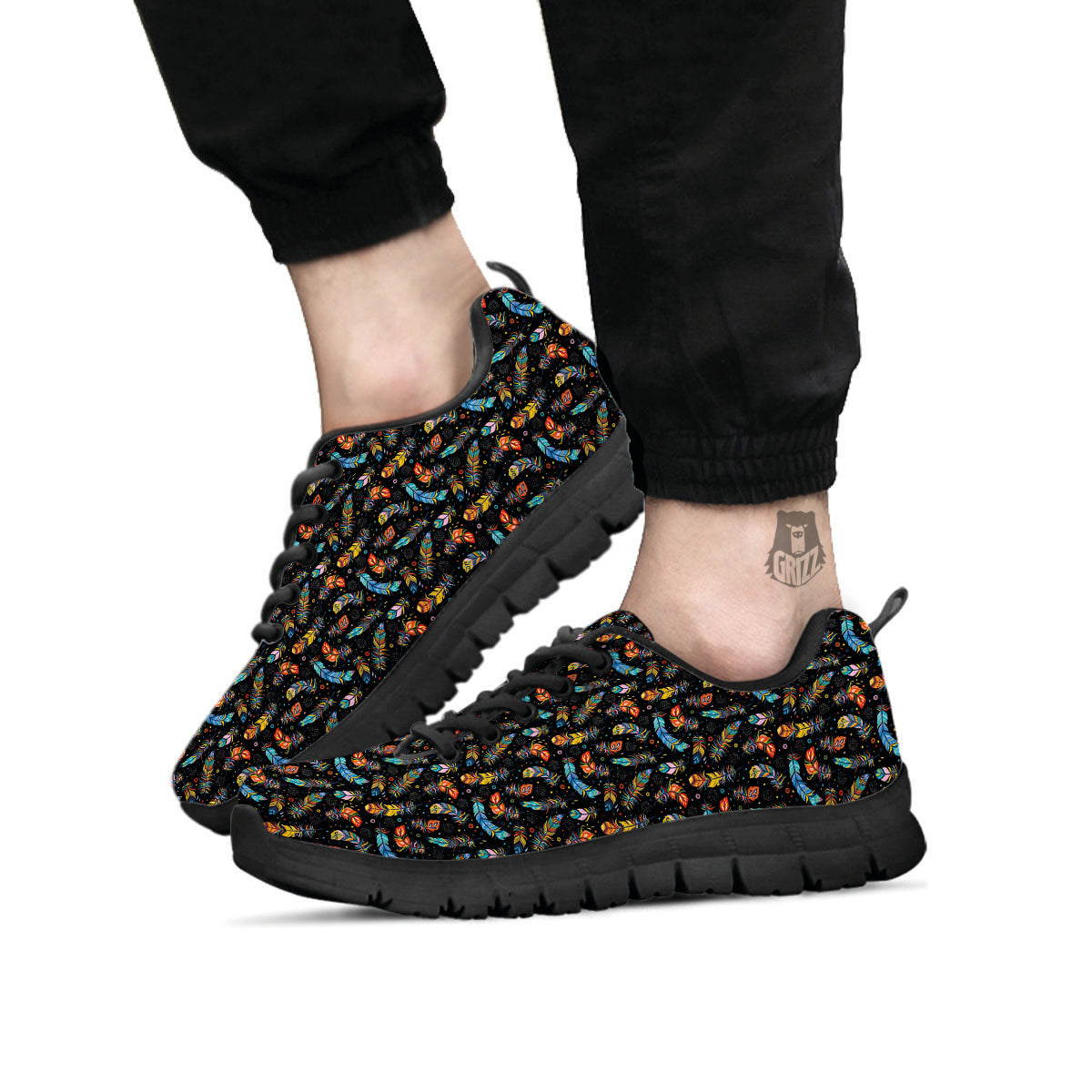 Feather Boho Print Pattern Black Sneaker-grizzshop