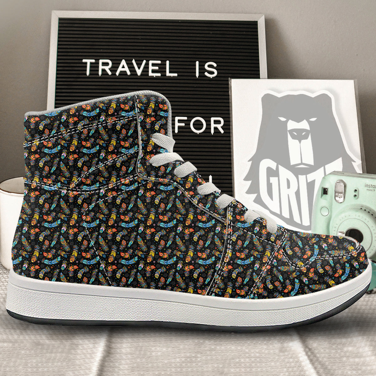 Feather Boho Print Pattern High Top Sneakers-grizzshop