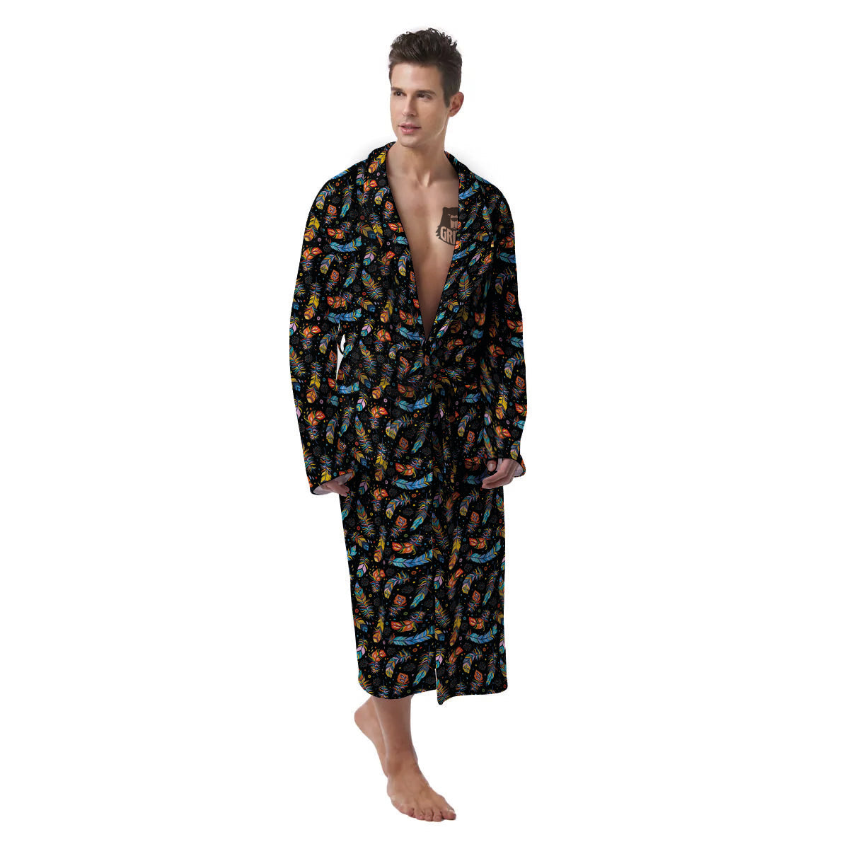 Feather Boho Print Pattern Men's Robe-grizzshop