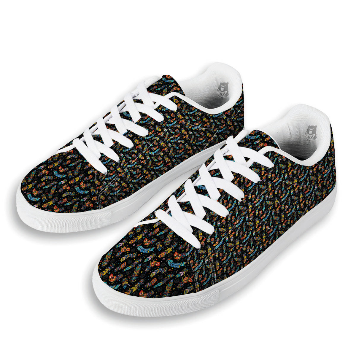 Feather Boho Print Pattern White Low Top Sneakers-grizzshop
