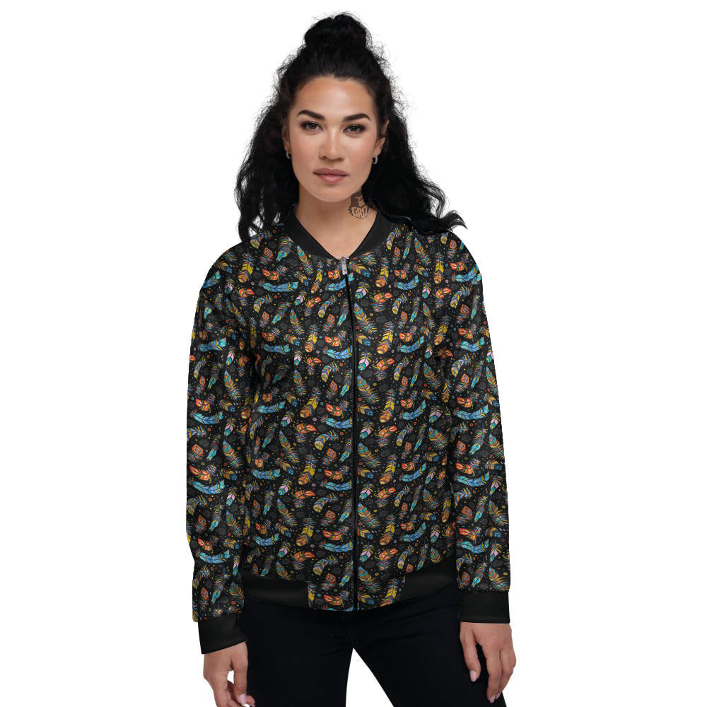 Feather Boho Print Pattern Women's Bomber Jacket-grizzshop