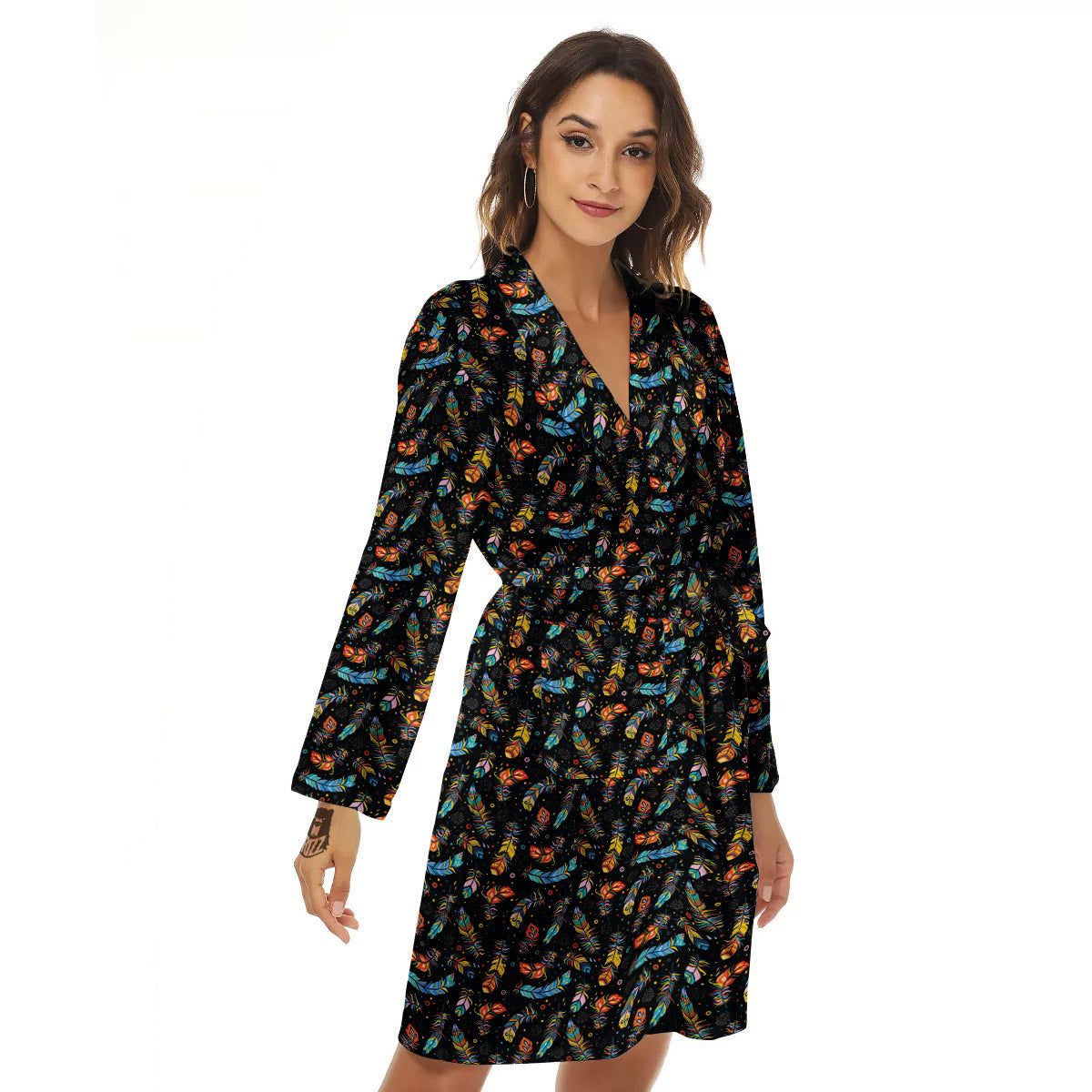 Feather Boho Print Pattern Women's Robe-grizzshop