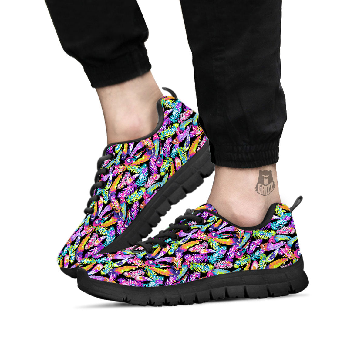 Feather Colorful Print Pattern Black Sneaker-grizzshop