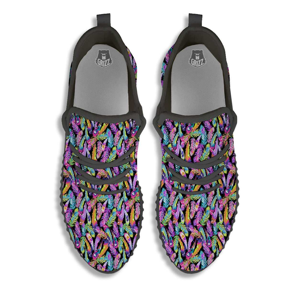 Feather Colorful Print Pattern Black Walking Shoes-grizzshop