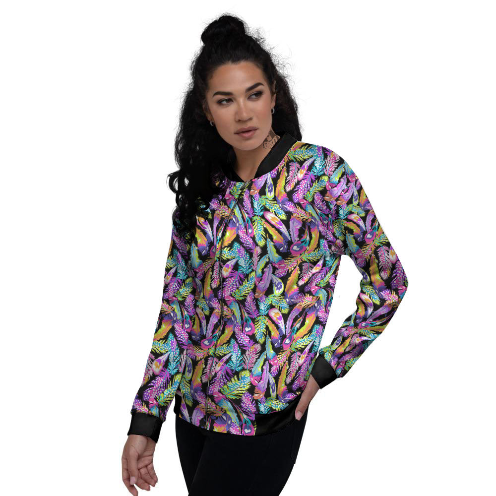 Feather Colorful Print Pattern Women's Bomber Jacket-grizzshop